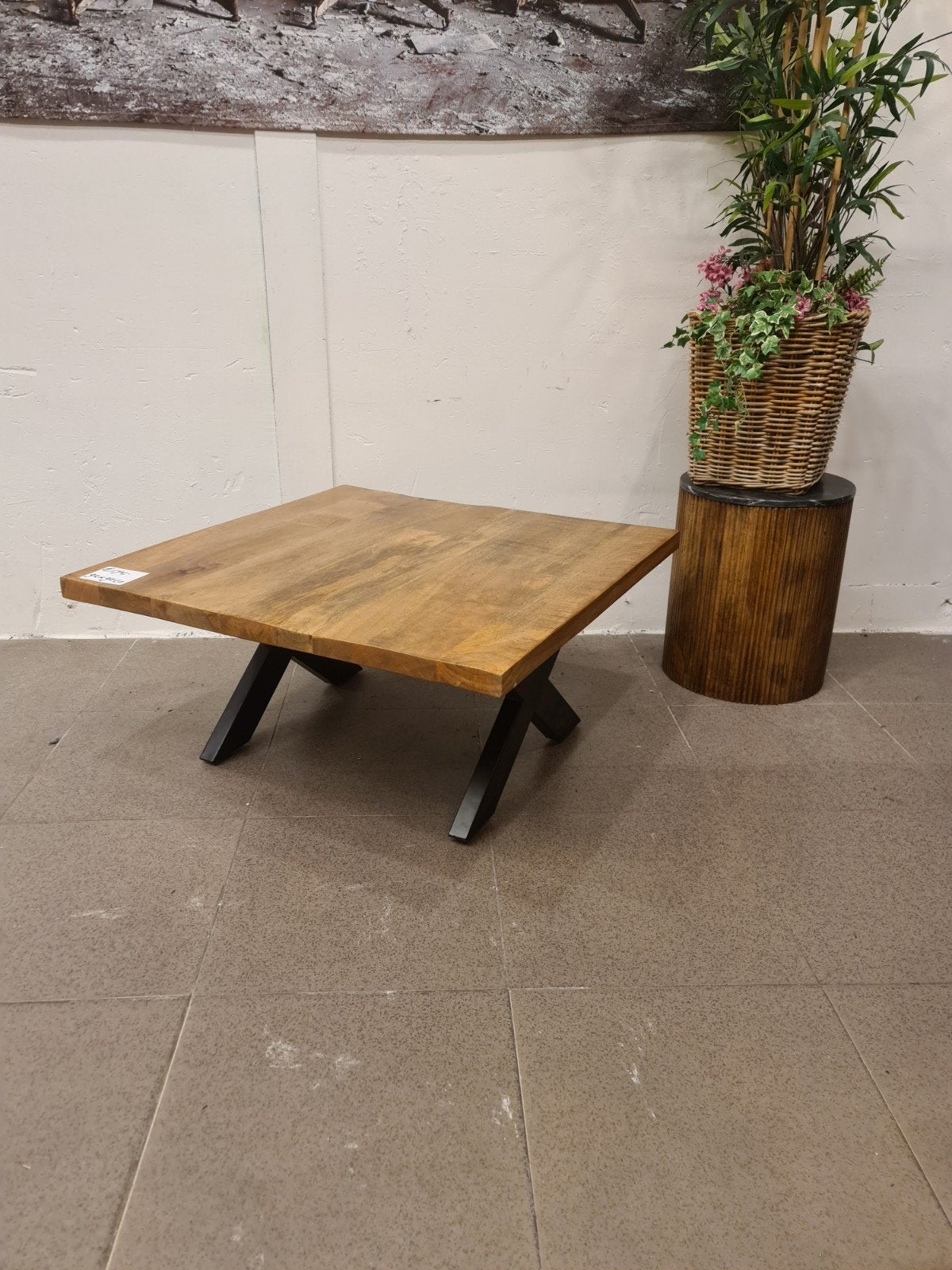 Nieuwe industriële salontafel 92x92cm eikenhout kruispoot, Ophalen, Hout, ., Nieuw