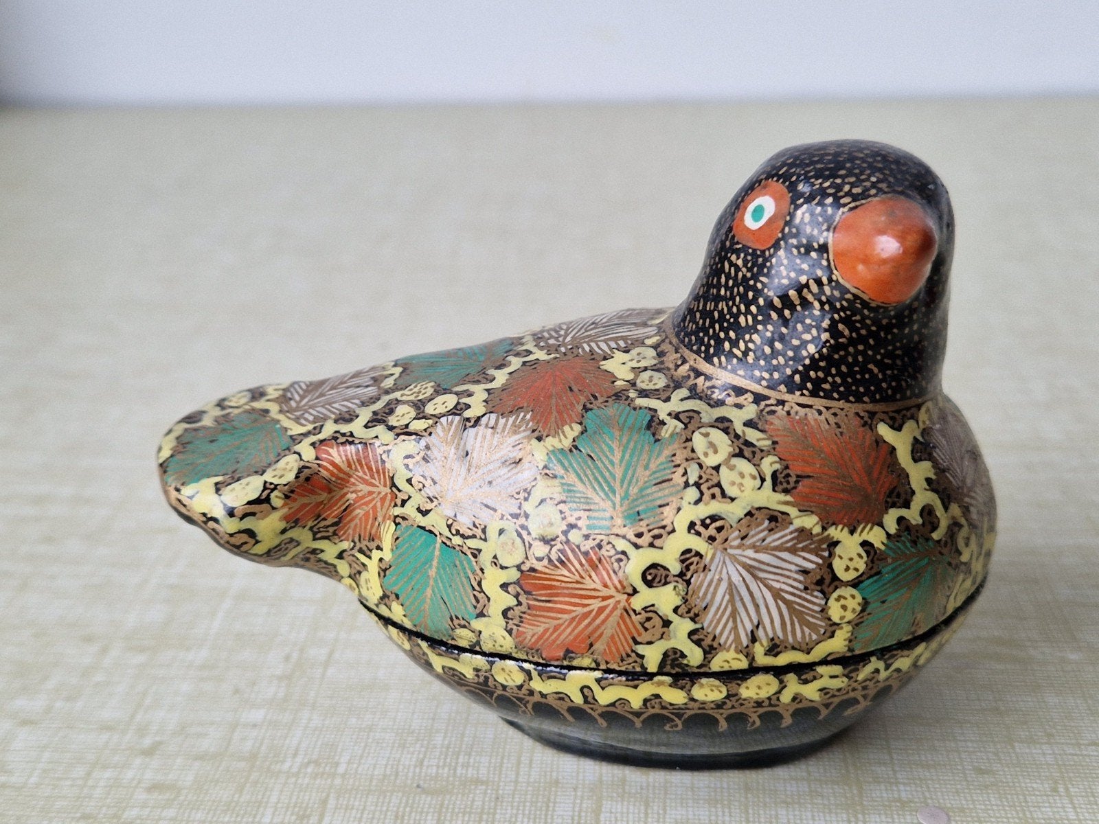 Vintage papier-maché dekselpot Kasjmir India vogel folklore, Antiek en Kunst, Ophalen of Verzenden