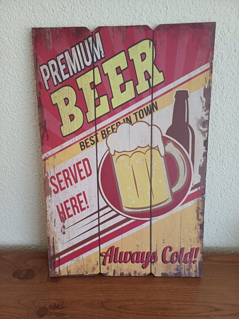 Houten wandbord met afbeelding van Premium bier en bierpul, Antiek en Kunst, Ophalen of Verzenden