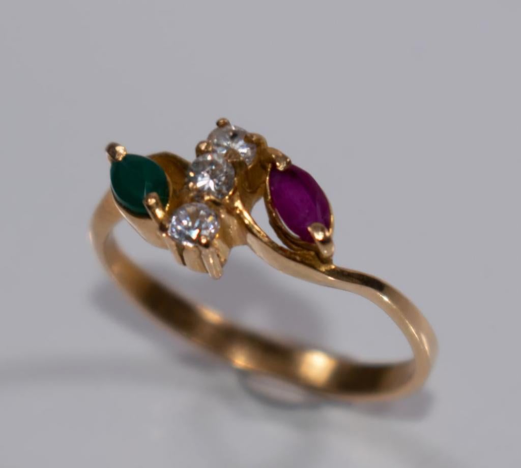 Antieke 18 Karaat Geel gouden Ring met robijn, saffier..., Ophalen of Verzenden, Goud, Ring, Met edelsteen