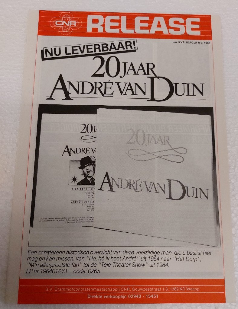 Andre van Duin PROMO FOLDER cnr 1985 20 JAAR André, CNR, Ophalen of Verzenden, NvT, Boek, Tijdschrift of Artikel