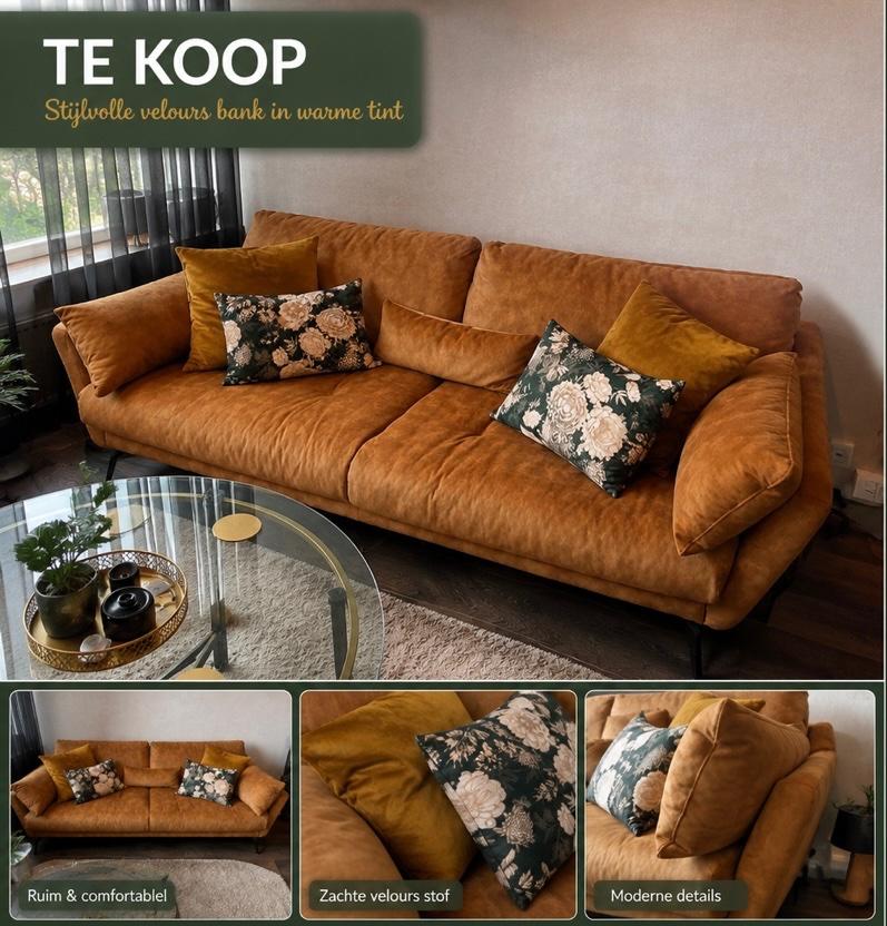 Warm cognac bank, Ophalen, 150 tot 200 cm, Driepersoons, 75 tot 100 cm