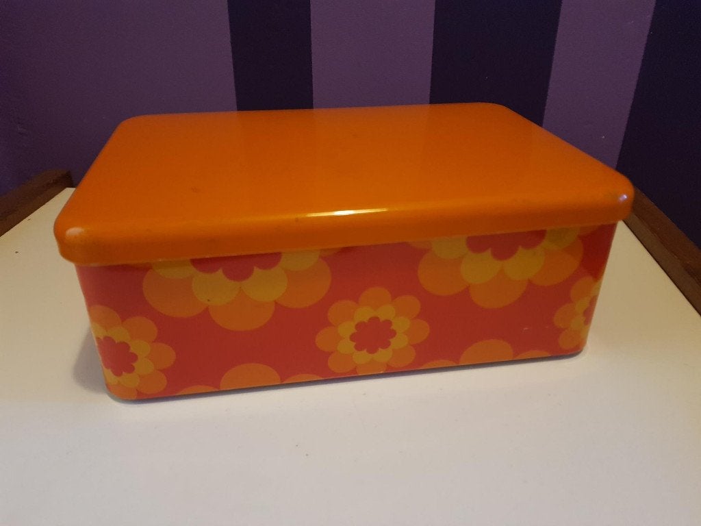 Retro Vintage Massilly koekjestrommel Oranje bloemenprint, Verzamelen, Blikken, Ophalen of Verzenden, Gebruikt, Koek(jes), Overige merken