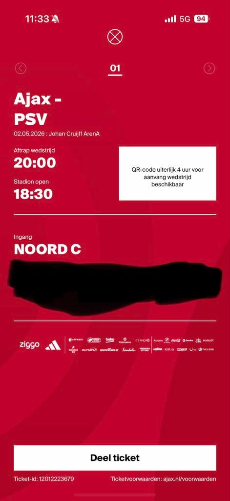 1 kaartje Ajax - Psv, Losse kaart, Eén persoon, Mei