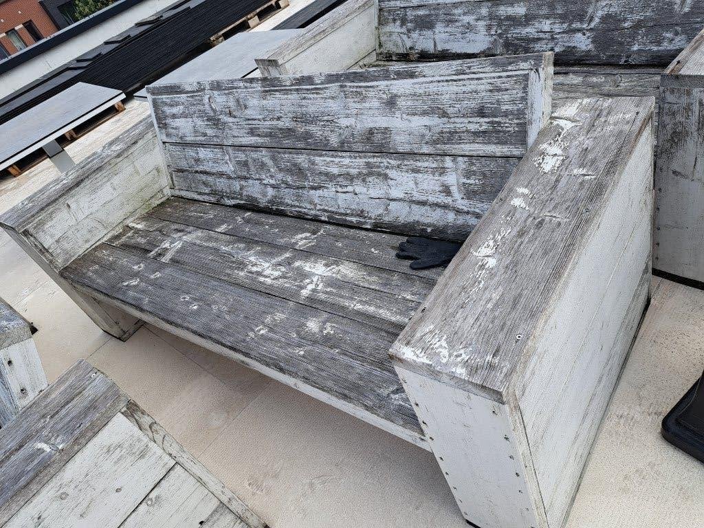 Steigerhouten bankjes, Tuin en Terras, Ophalen, Gebruikt, Hout