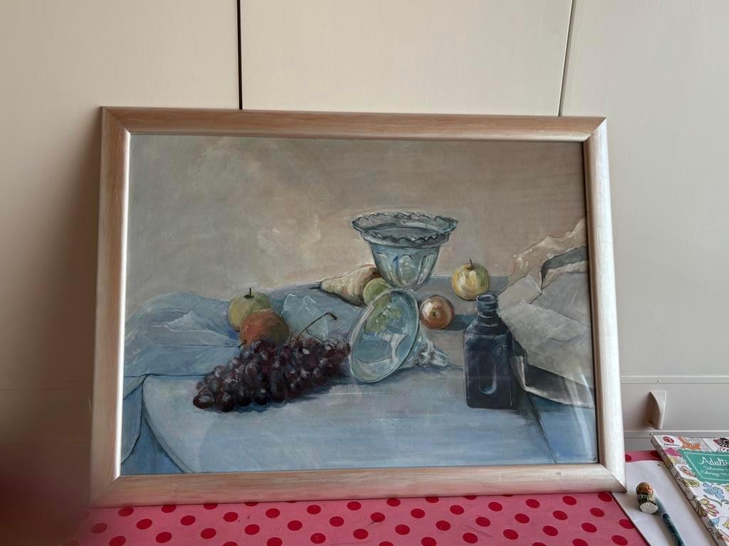 Schilderij lijst fruit glas tafel stilleven vaas blauw, Ophalen