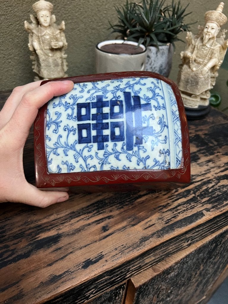 Chinese lakscherfdoos porselein deksel blauw wit chinees, Antiek en Kunst, Ophalen of Verzenden