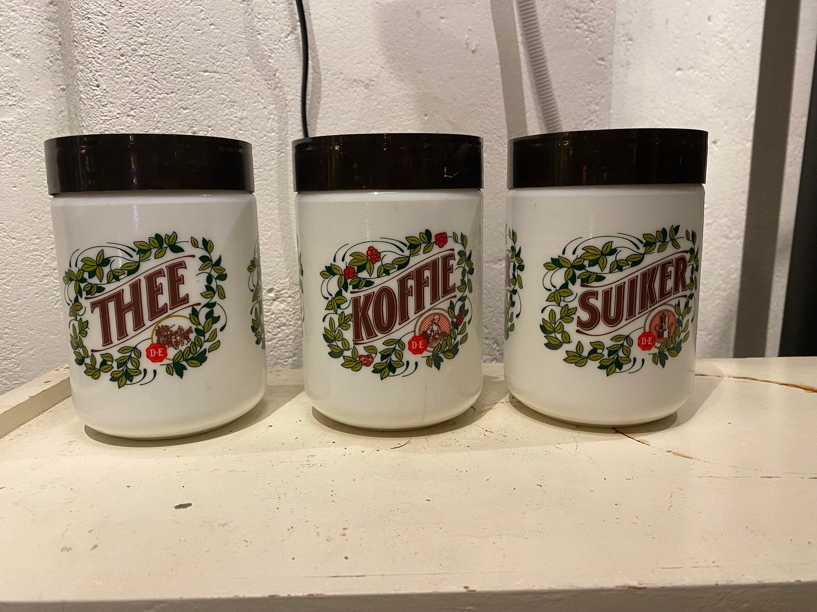 Retro voorraadspotten van DE voor koffie, thee en suiker., Overige typen, Ophalen of Verzenden, Overige stijlen, Glas