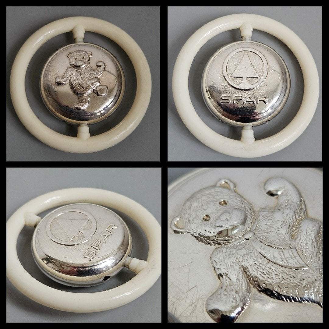 Vintage verzilverde rammelaar met bijtring,  beertje/spar, Antiek en Kunst, Curiosa en Brocante, Ophalen of Verzenden