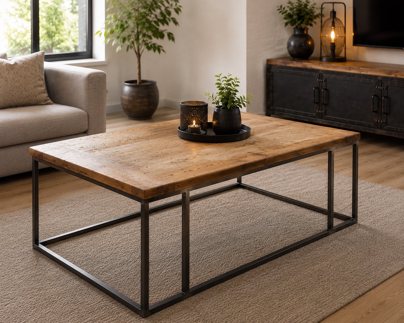 Salontafel (met staal en hardhout) stoer en robuust!, Ophalen, Gebruikt, 100 tot 150 cm, 50 tot 100 cm
