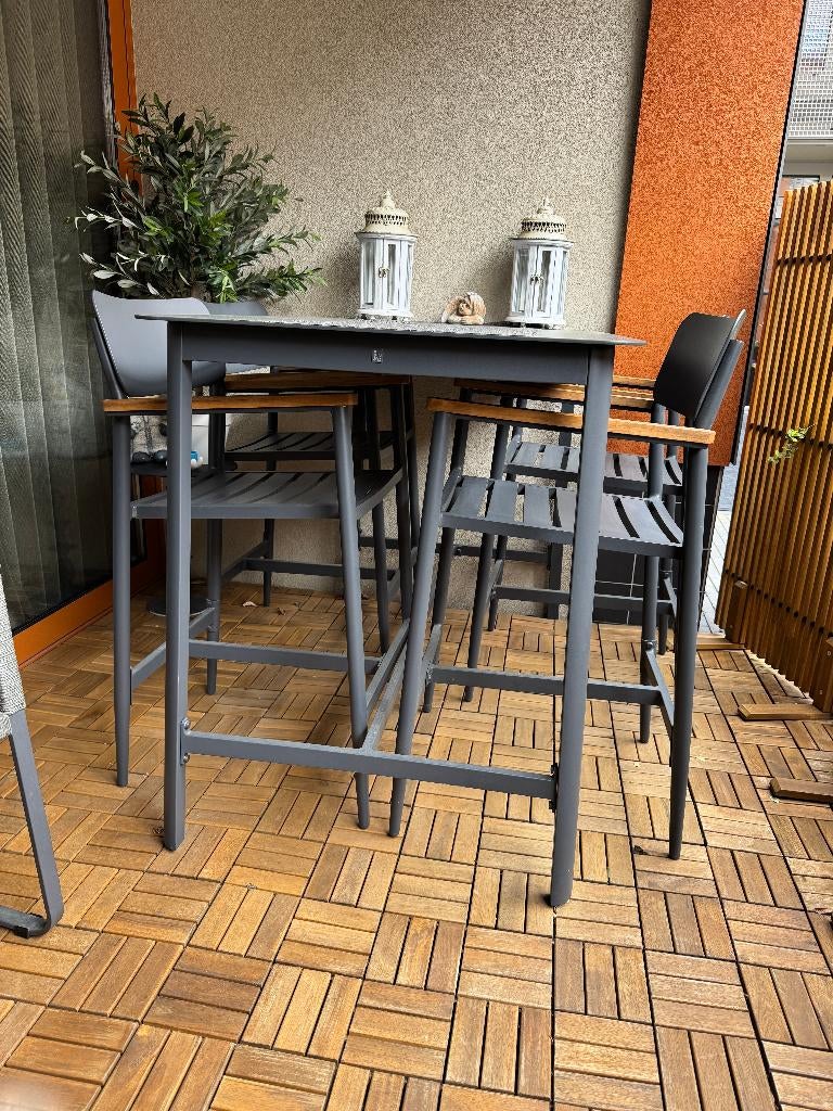 Hoge tuintafel met stoelen - Intratuin - antraciet, Tuin en Terras, Tuinsets en Loungesets, Ophalen, Gebruikt, Aluminium, Stoel