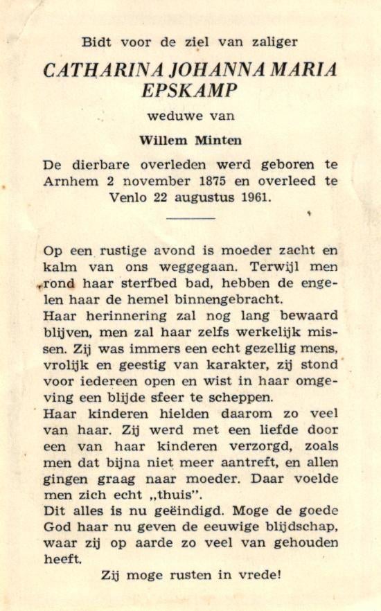 Epskamp Catharina Johanna Maria Arnhem 1875-1961 Venlo, Ophalen of Verzenden