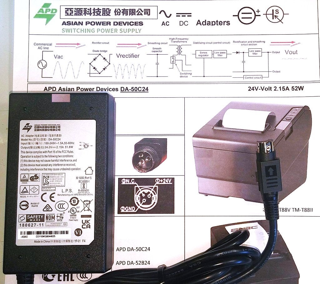 Asian Power Devices ADP 24V 2.1A 52W Adapter Kassabonprinter, Computers en Software, Ophalen of Verzenden, Zo goed als nieuw, Printerkabel