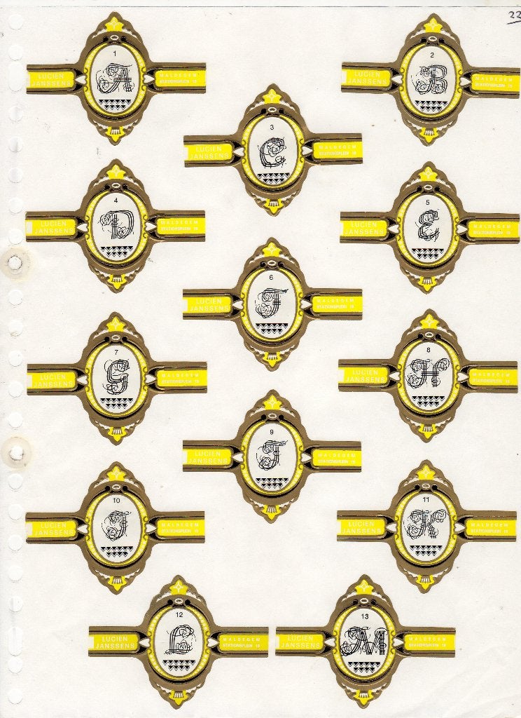 Lucien Janssens ovaal met punten  Alfabet  geel, Ophalen of Verzenden, Zo goed als nieuw, Sigarenbandjes