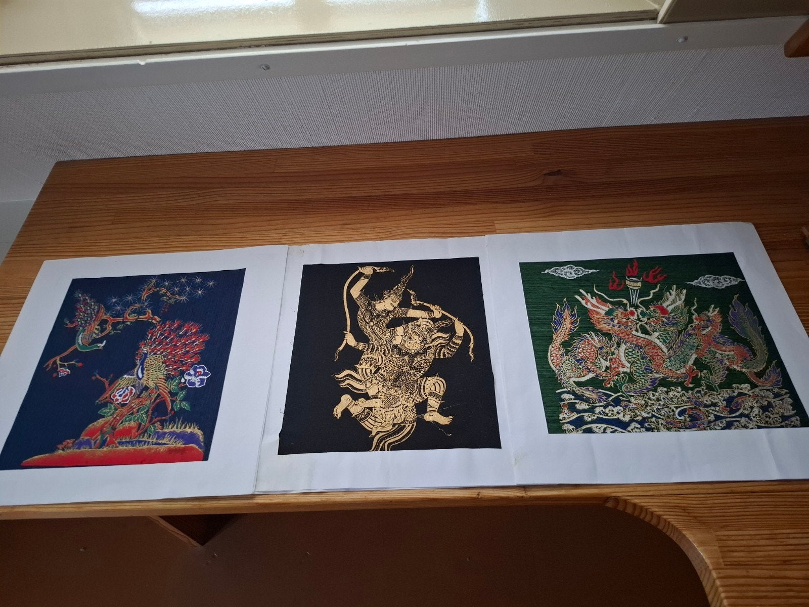 Set van 3 Aziatische wanddecoraties, Wanddecoratie, Textiel, Handgemaakt, Ophalen of Verzenden