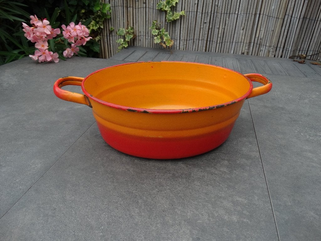 Kook Pan / teil / tijl emaille  vintage  ovaal oranje, Ophalen