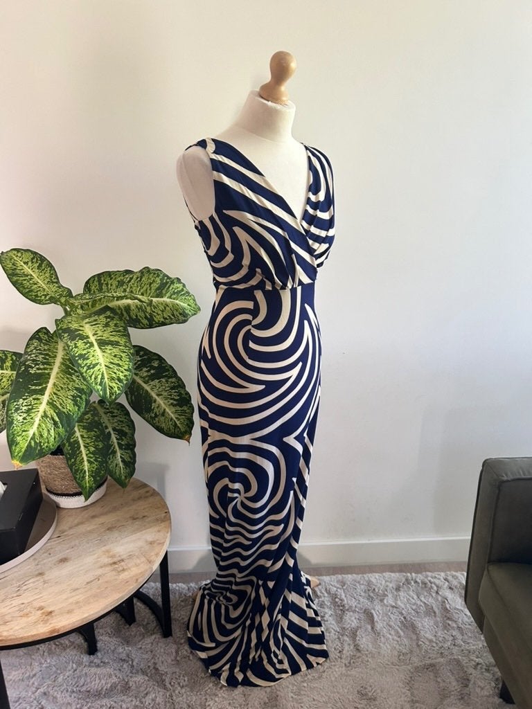 King Louie maat L maxi lange swirl jurk 3352, Blauw, Maat 42/44 (L), Ophalen of Verzenden, Zo goed als nieuw
