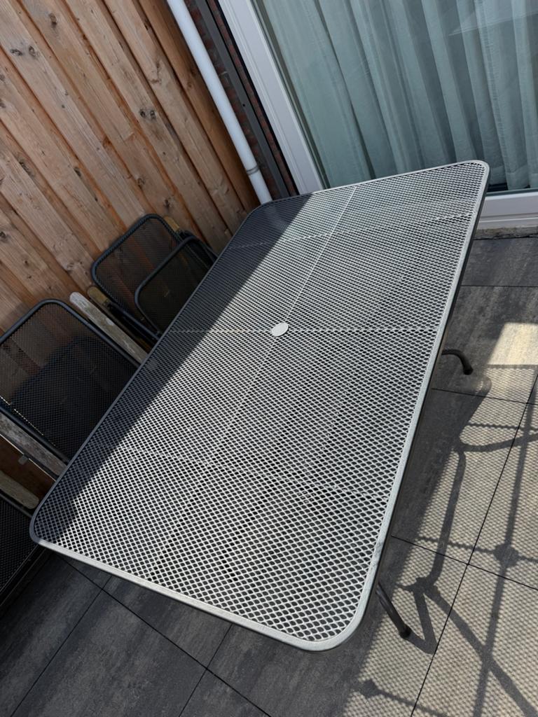 Metalen tuintafel met 3 stoelen - Gebruikt, Ophalen, Gebruikt, Rechthoekig, Metaal