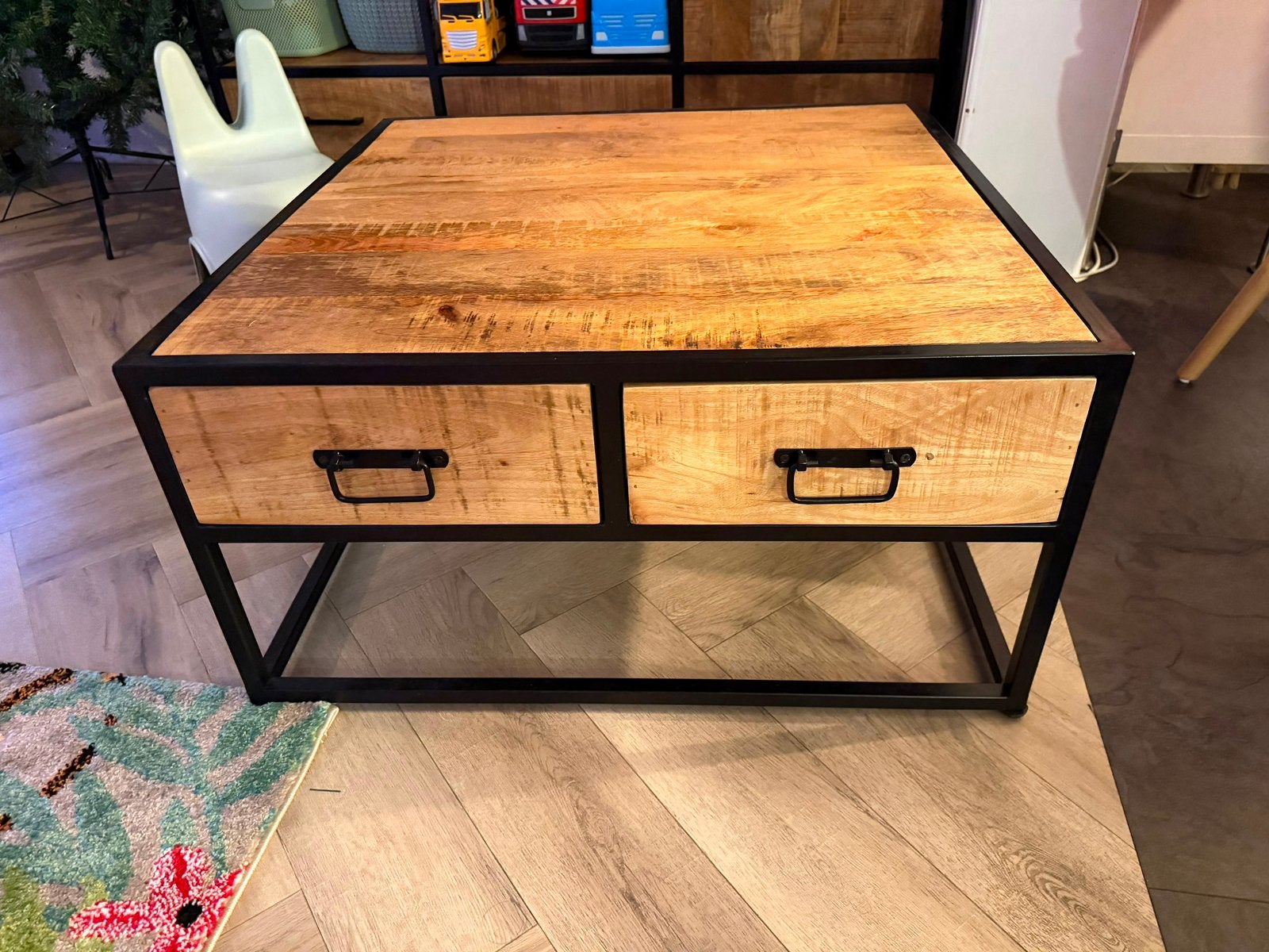 Salontafel hout en staal, Ophalen, Zo goed als nieuw, Vierkant, 50 tot 100 cm