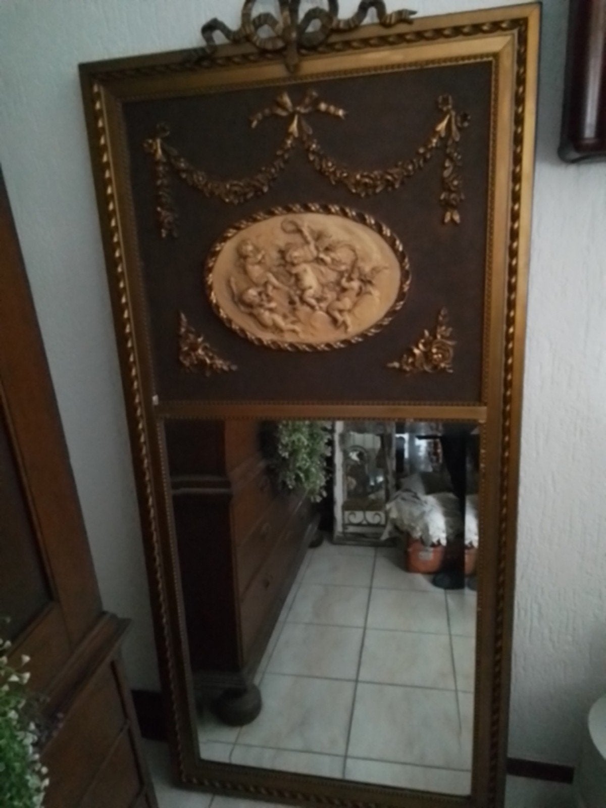 Grote trumeau spiegel met strik en engeltjes 1m85 x 87, Ophalen, Rechthoekig, 50 tot 100 cm, 150 tot 200 cm