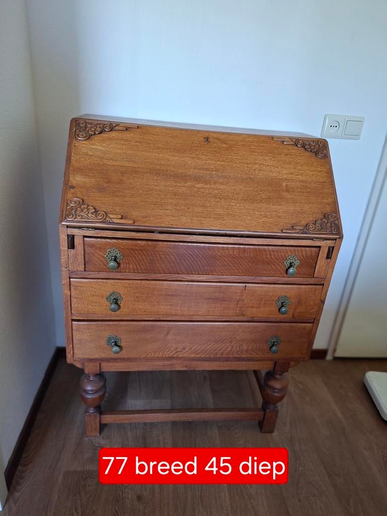 Antiek eikenhouten dressoir met lades en klep, Ophalen, Gebruikt, Eikenhout, 50 tot 100 cm