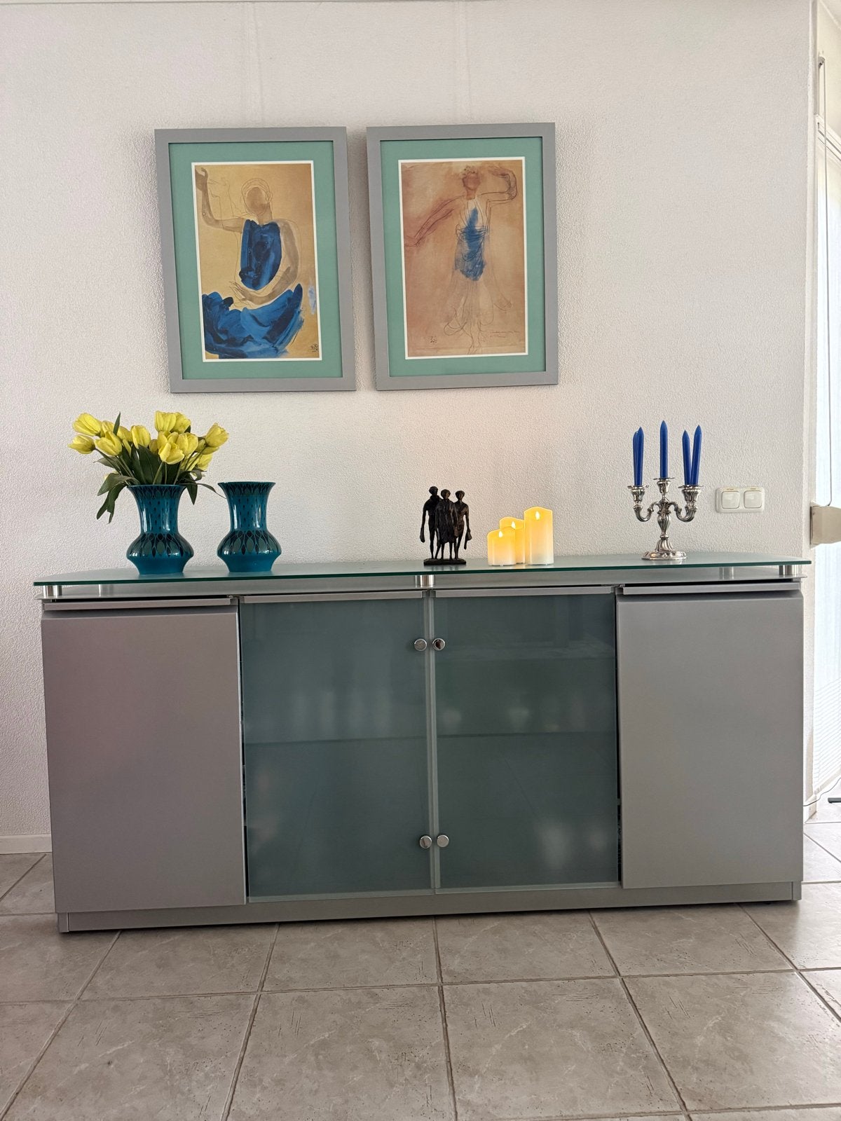Italiaans Design Dressoirkast met Groen Getint Glas, Ophalen, 200 cm of meer, Glas, Zo goed als nieuw