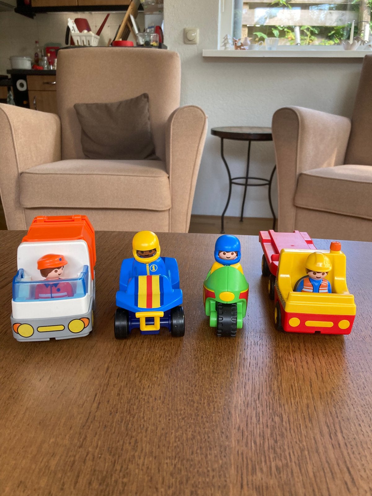 123 playmobil, vuilniswagen, motor, quad, oplegger met auto, Ophalen of Verzenden, Gebruikt