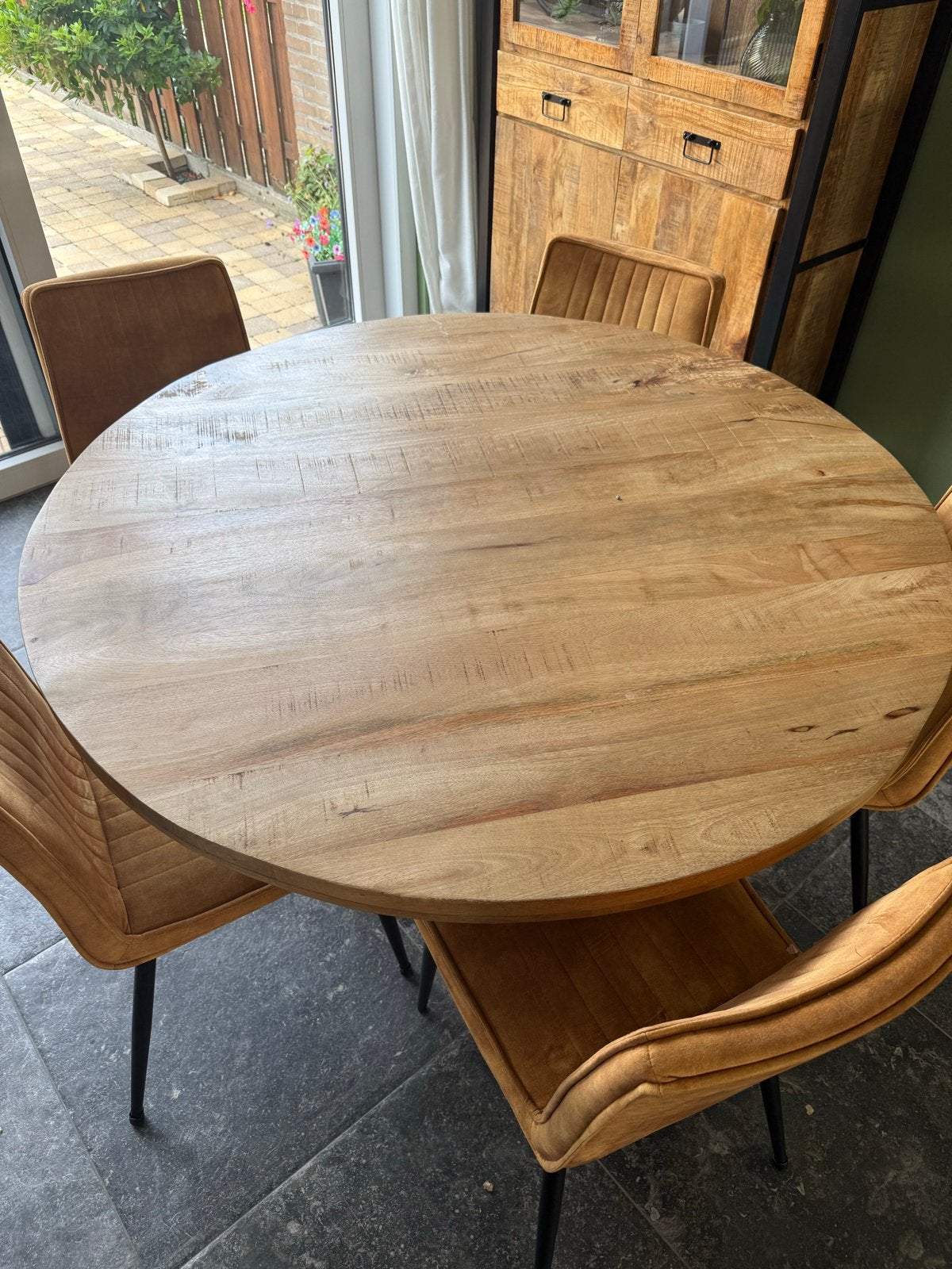 Ronde eettafel van mangohout met metalen spinpoot, Ophalen, 100 tot 150 cm, Rond, Zo goed als nieuw