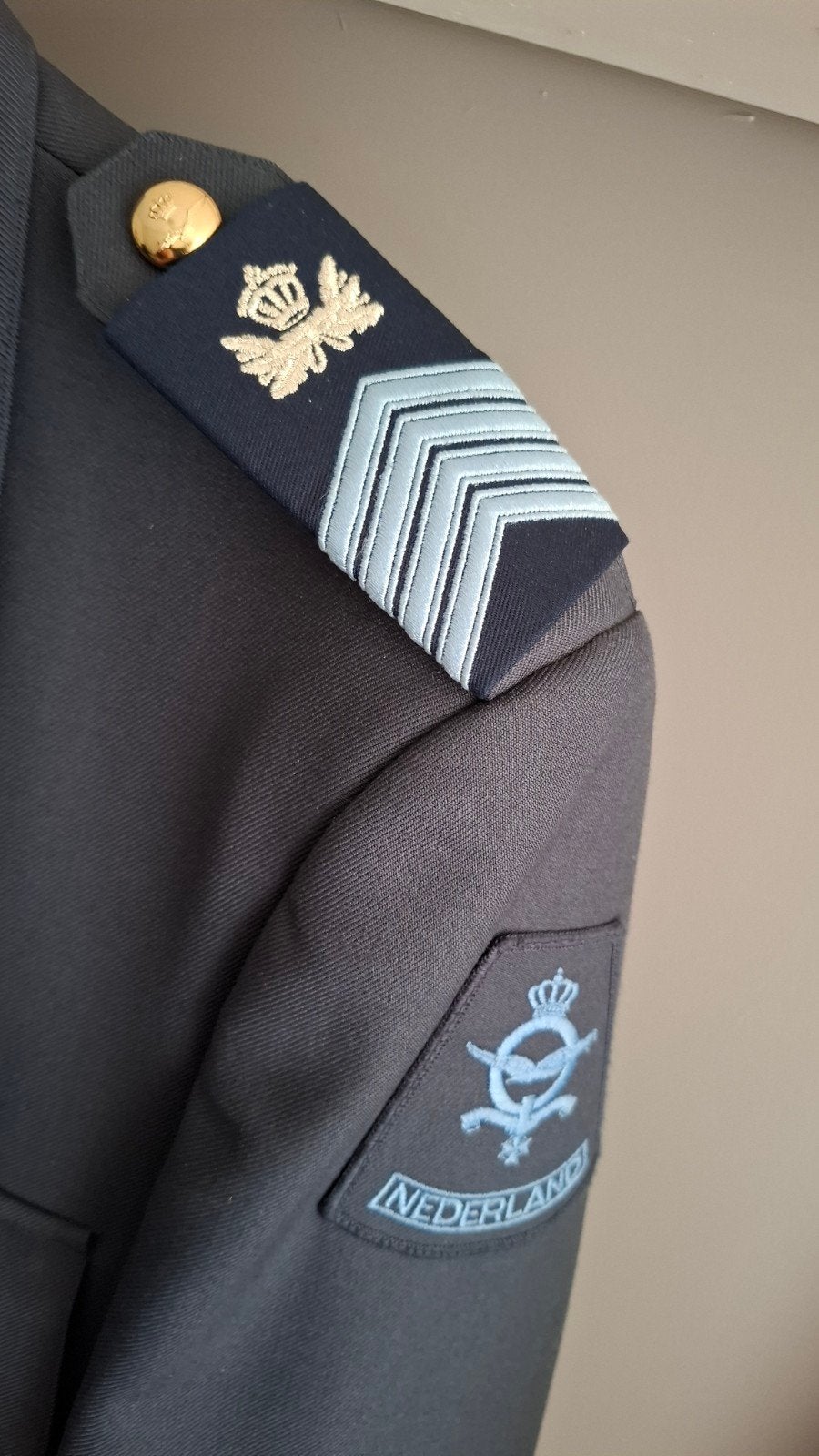Epauletten Squadron Sergeant-majoor, Borsthanger, baton set, Verzenden, Luchtmacht, Nederland, Embleem of Badge