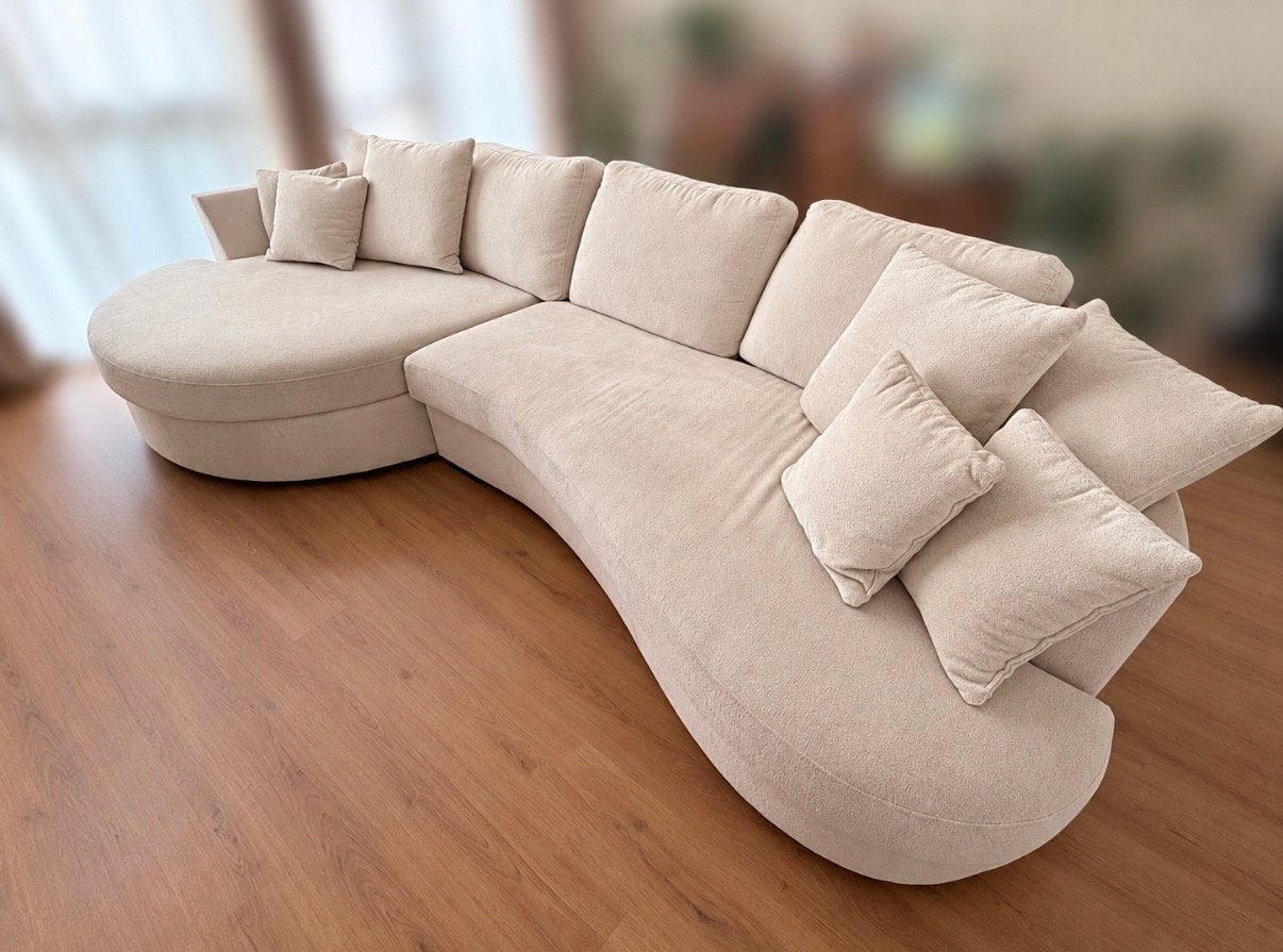 Luxe Haco Odette loungebank beige/crème – zo goed als nieuw, Ophalen, 100 tot 125 cm, Hoekbank, 300 cm of meer