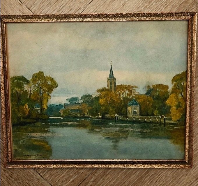 Bernard A. van Beek - Herfst aan de Vecht Vreeland 20x25 cm, Paneel, Realistisch, Ophalen of Verzenden, Landschap