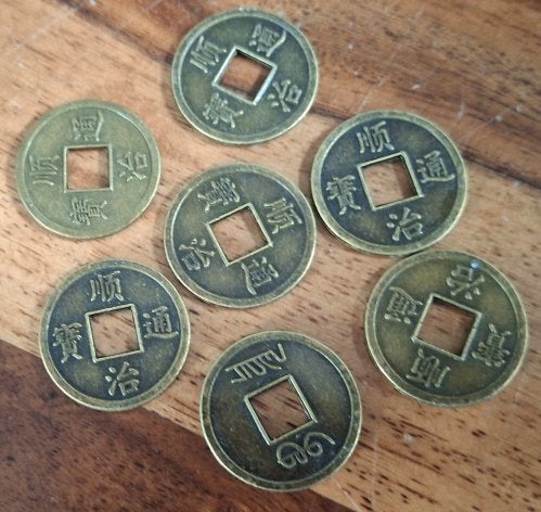 7 stuks messing Chinese geluks muntjes. 18,2 mm, Ophalen of Verzenden, Nieuw, Overige typen