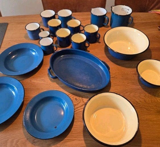 Vintage emaille servies set - diverse blauwtinten, Antiek en Kunst, Ophalen of Verzenden