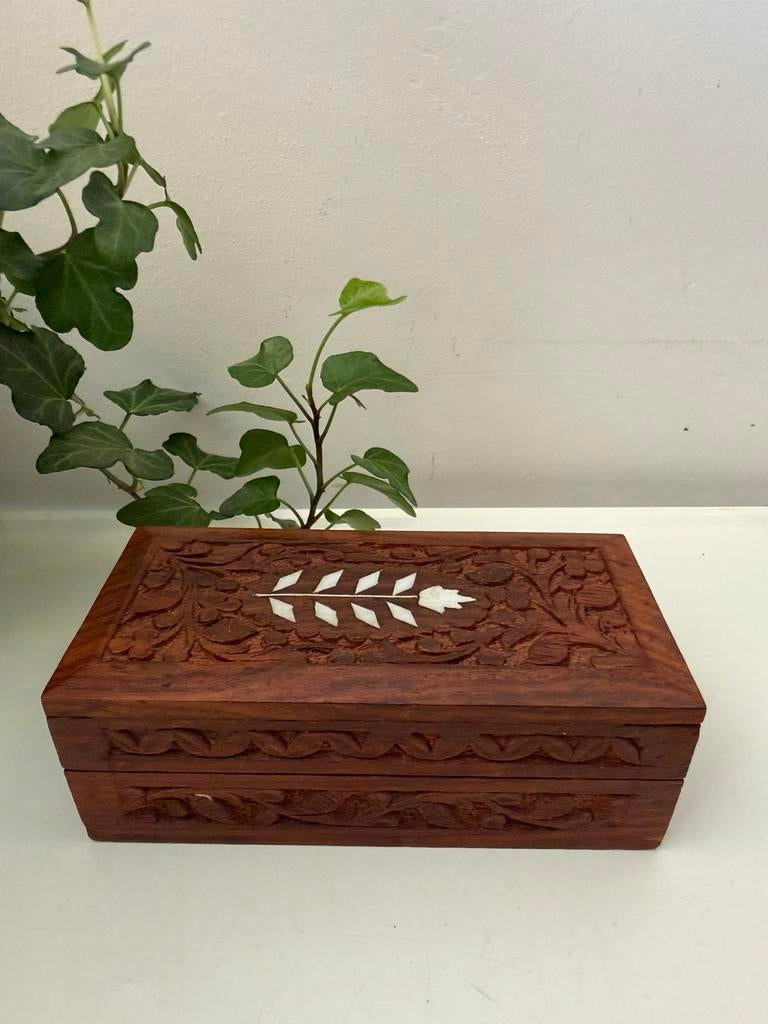 Houten bewaardoosje met been inleg, Ophalen of Verzenden