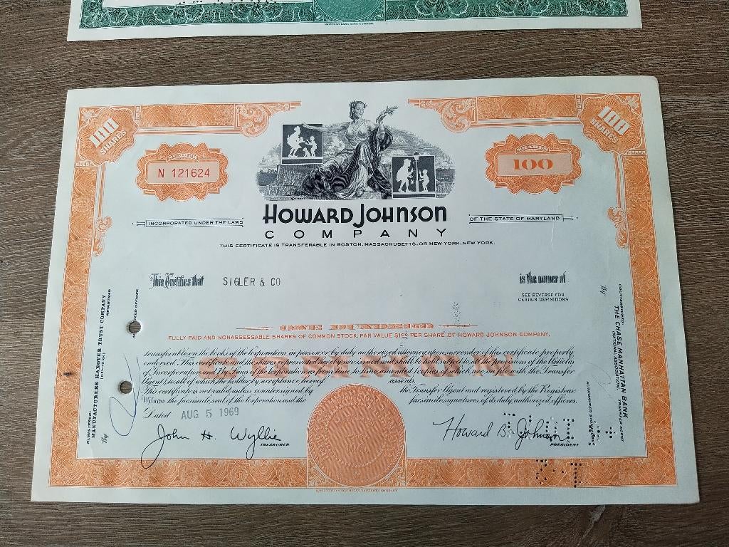 Certificaat van 100 shares "Howard Johnson Company", Postzegels en Munten, Aandelen en Waardepapieren, Ophalen, 1970 tot heden