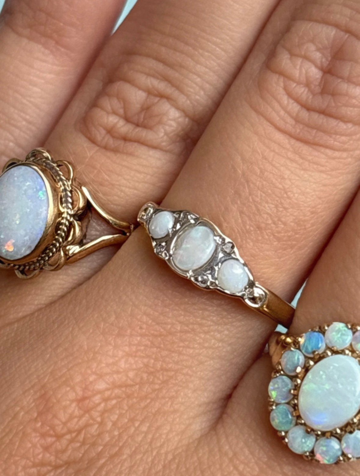 Vintage 9 karaat gouden trilogie ring met opaal en diamant, Gebruikt, 19 tot 20, Dame, Goud