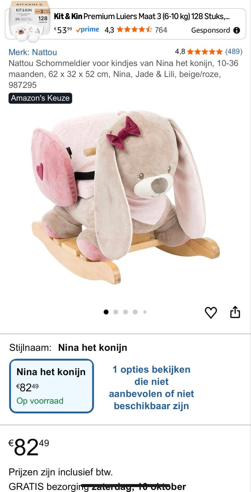 Nattou Schommeldier Nina de Konijn - Zo goed als nieuw, Ophalen of Verzenden, Zo goed als nieuw, Overige typen