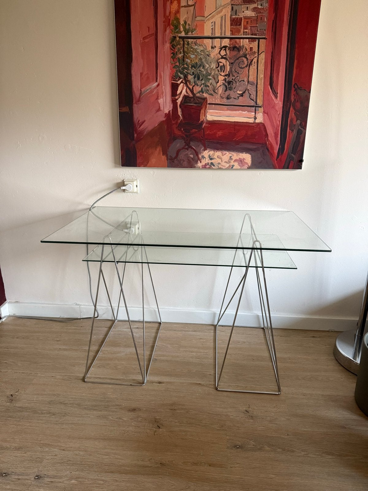 Glazen bureau met metalen onderstel, Huis en Inrichting, Ophalen, Gebruikt, 100 tot 150 cm, Tot twee personen