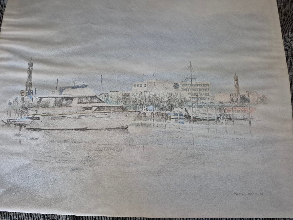 Rolf van der Wal tekening 1987 haven Zeewolde, Ophalen, Papier/karton, Gesigneerd, Stadsgezicht
