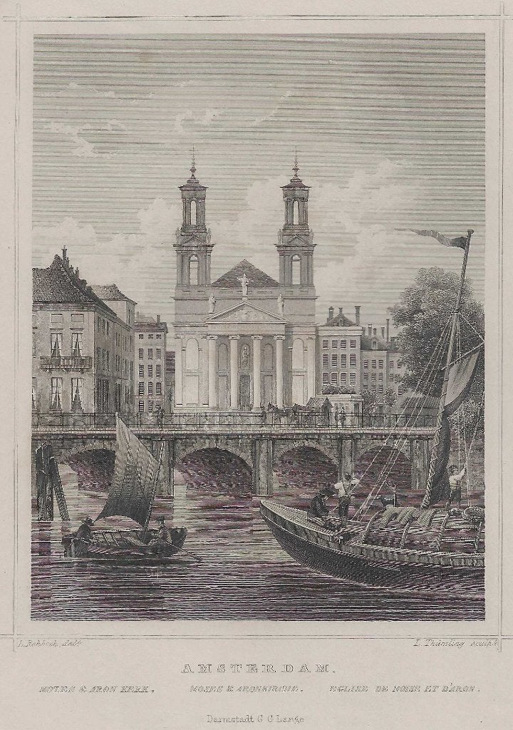 Amsterdam Mozes & Aron Kerk Staalgravure 1858 Waterlooplein