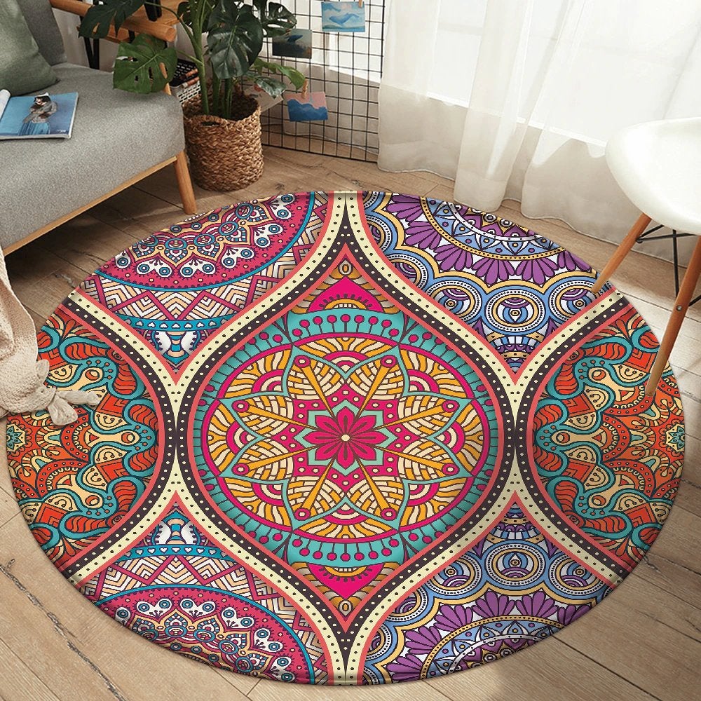 Bohemian Rond Vloerkleed 6 Tapijt Mat Boho Roze Rood Geel, 100 tot 150 cm, Verzenden, Rond, Nieuw