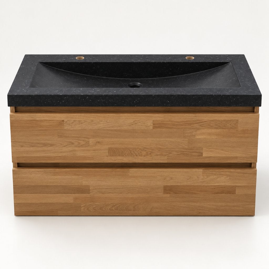 Badmeubel 100 cm breed massief eik + wasbak natuursteen €850, Ophalen, Info@romeynbadkamers.nl, Nieuw, Wastafel