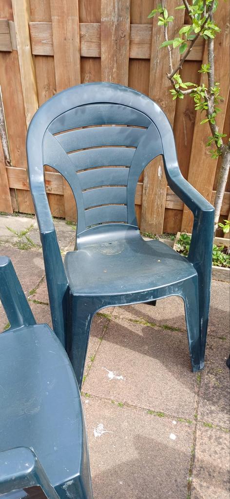 4 gebruikte tuinstoelen met kussens in goede conditie, Tuin en Terras, Tuinstoelen, Gebruikt, Kunststof, Ophalen
