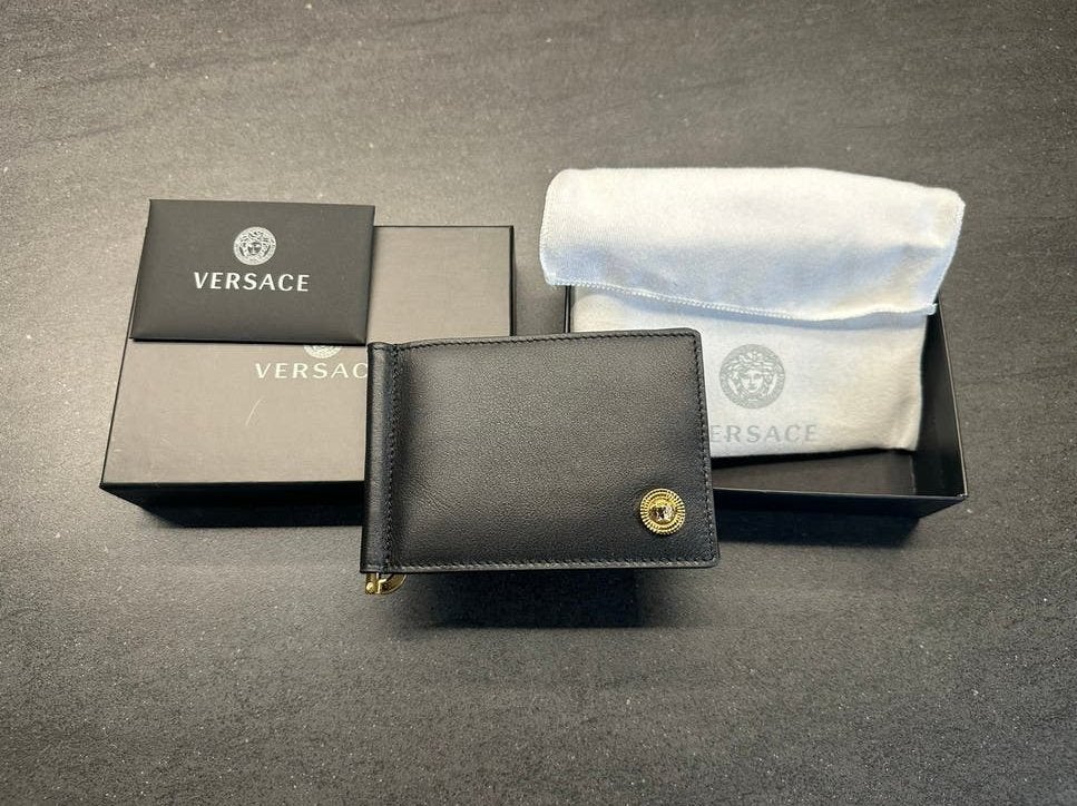 Versace leren portemonnee met geldclip, Overige merken, Zwart, Nieuw, Ophalen of Verzenden