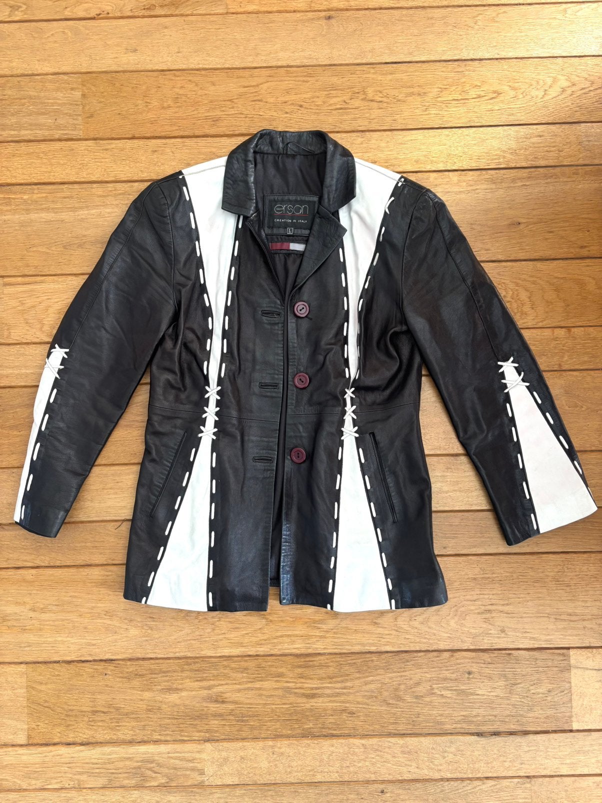 Vintage Erson leren jas zwart/wit patchwork style – maat L, Kleding | Dames, Ophalen of Verzenden