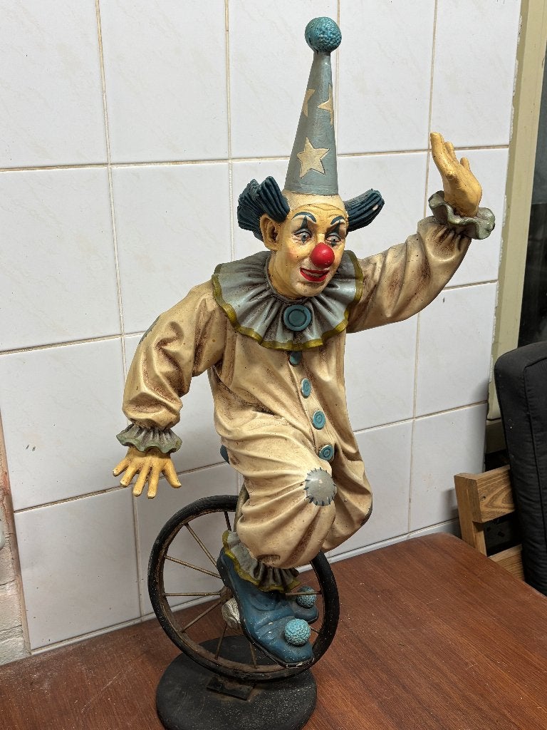 Vintage Clown op eenwieler - Decoratief beeld, Vintage, Gebruikt, Meerkleurig, Overige materialen