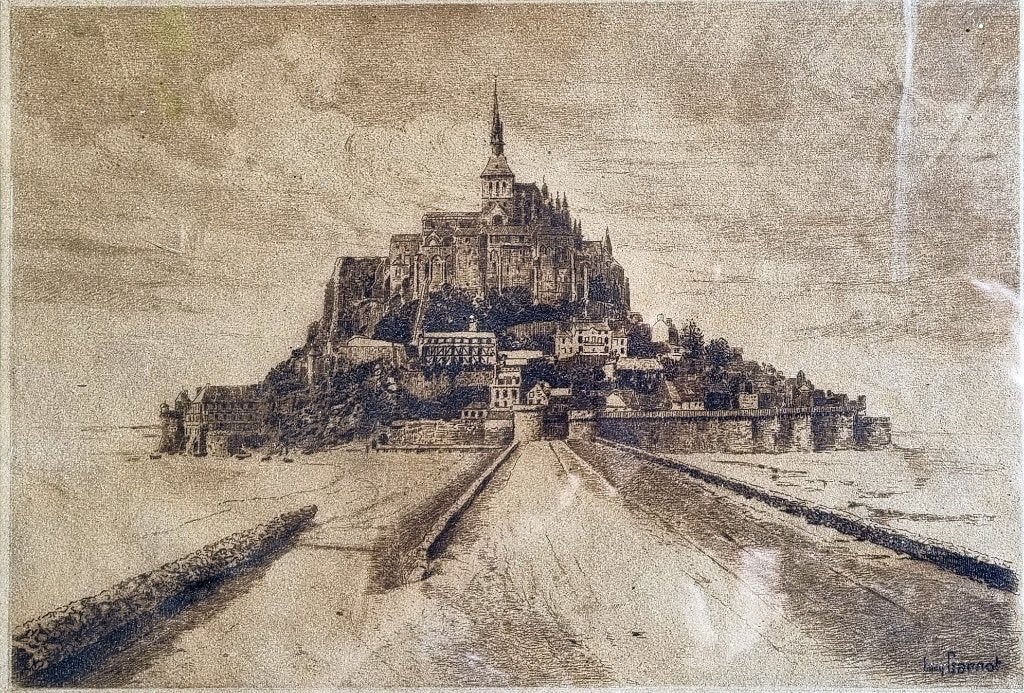 gedetailleerde ets van Lucy Garnot, van Mont Saint-Michel., Antiek en Kunst, 30 cm, Ets, Stadsgezicht, Ophalen of Verzenden