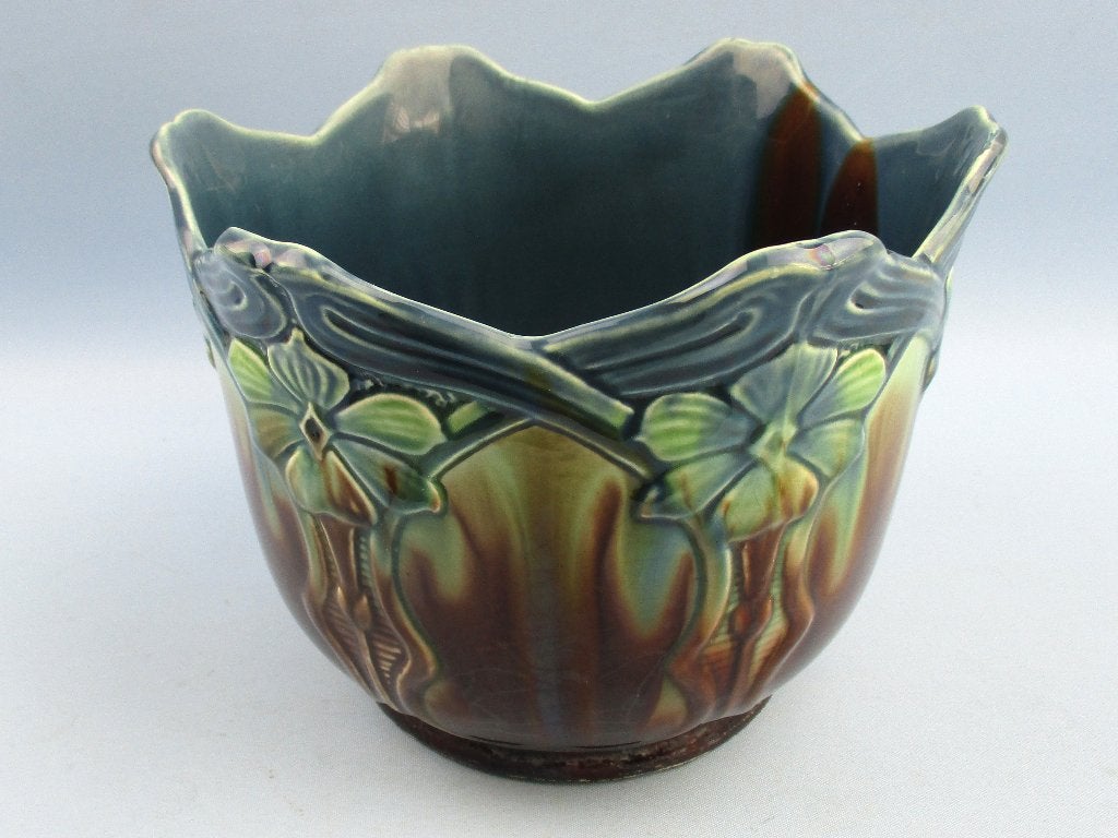 Art Nouveau majolica bloempot aardewerk bruin groen en blauw, Antiek en Kunst, Antiek | Keramiek en Aardewerk, Ophalen of Verzenden