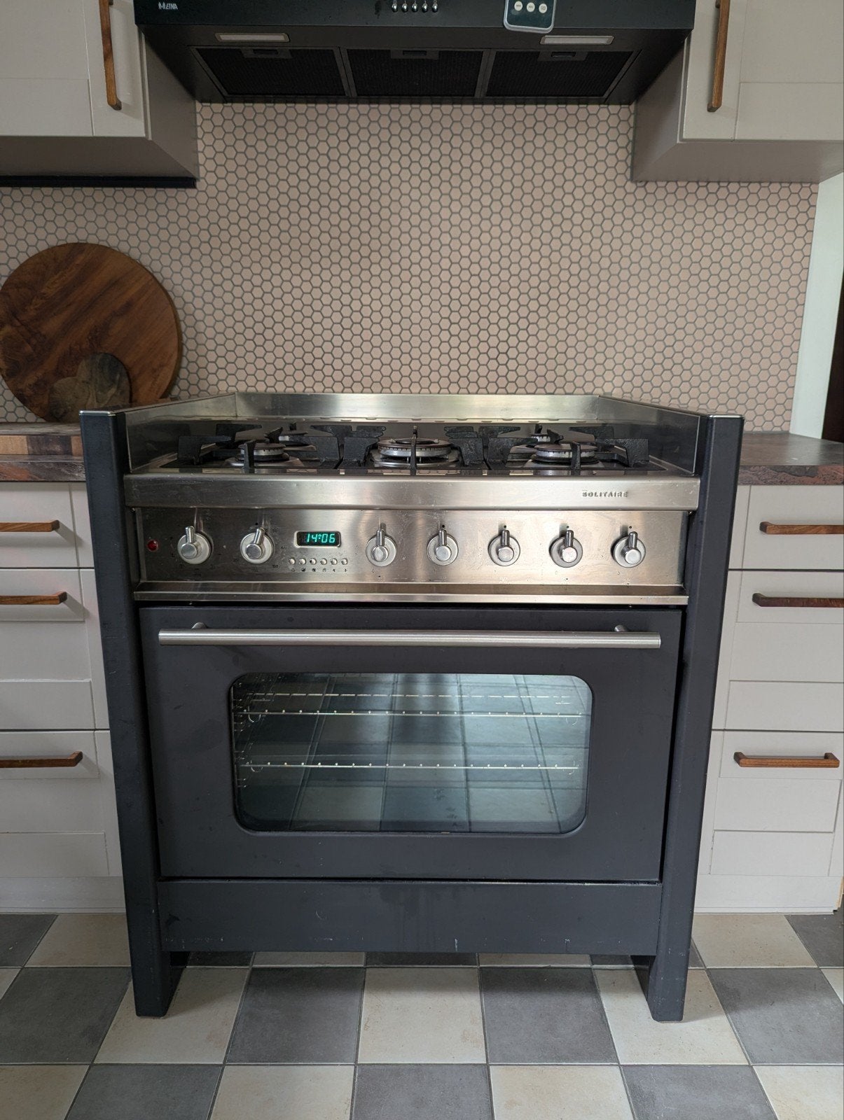 Solitaire Vrijstaand Gasfornuis met Oven - Zilver/Zwart, Ophalen, Gebruikt, 60 cm of meer, Grill