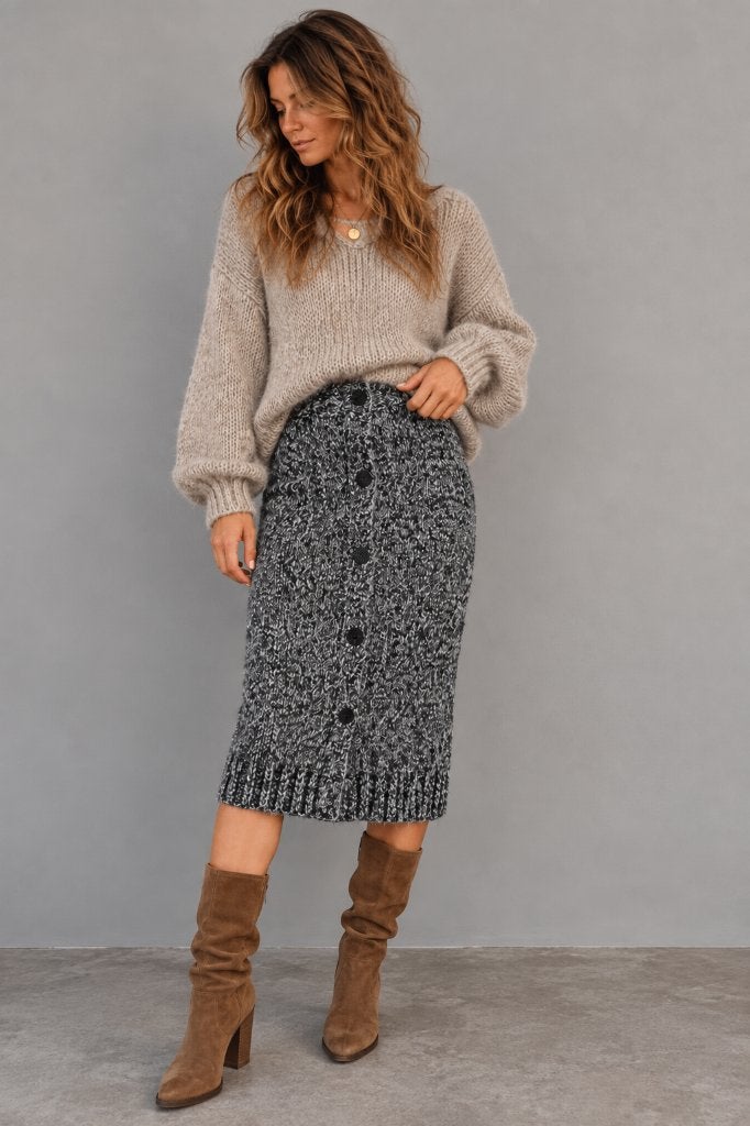 Grijs gemêleerde gebreide midi rok | knopen | boho vintage, Zwart, Ophalen of Verzenden, Zo goed als nieuw, Vintage